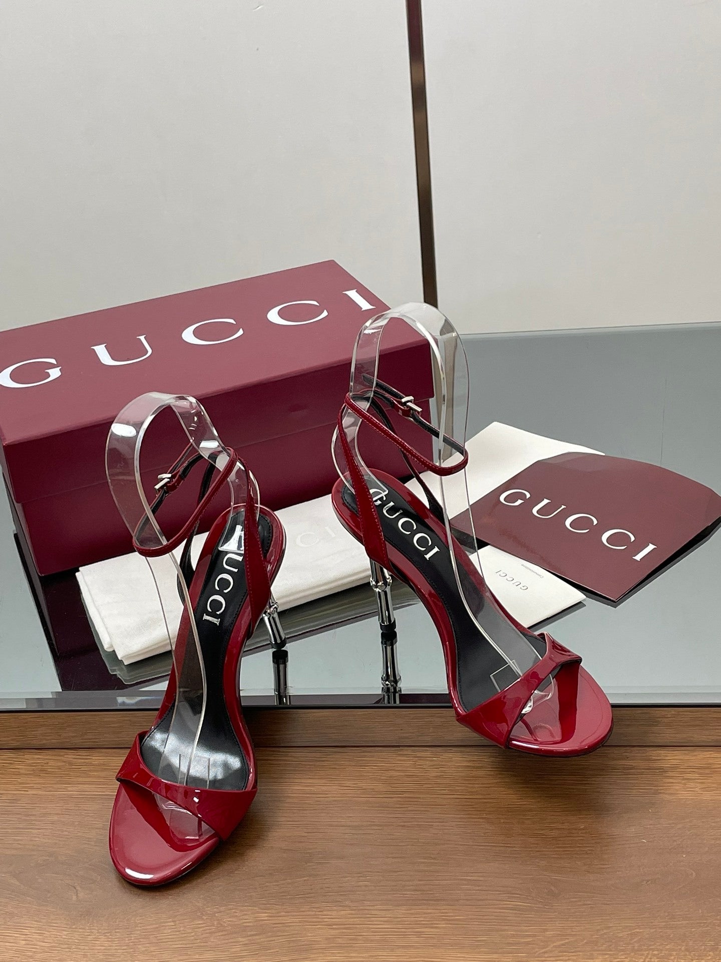 RED PATENT STRAPPY HEEL SANDALS WITH METALLIC HEEL
