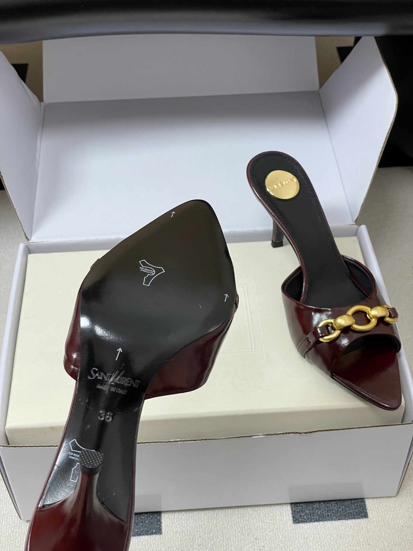 BURGUNDY POINTED TOE MULE HEELS WITH GOLD DETAIL