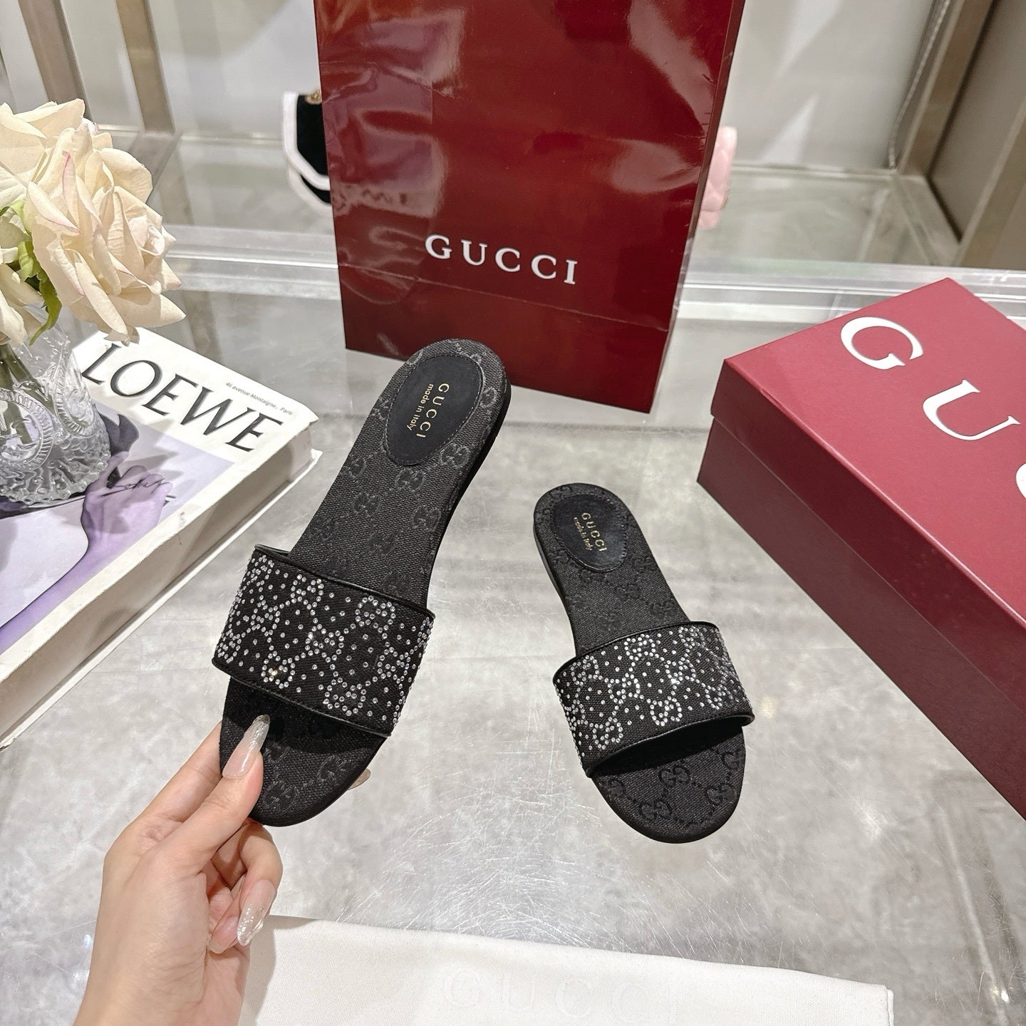 BLACK EMBELLISHED SLIDE SANDALS