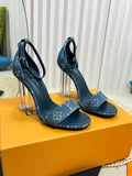 DENIM MONOGRAM CLEAR HEEL SANDALS