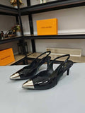 BLACK PATENT SLINGBACK HEELS WITH METAL TOE CAP