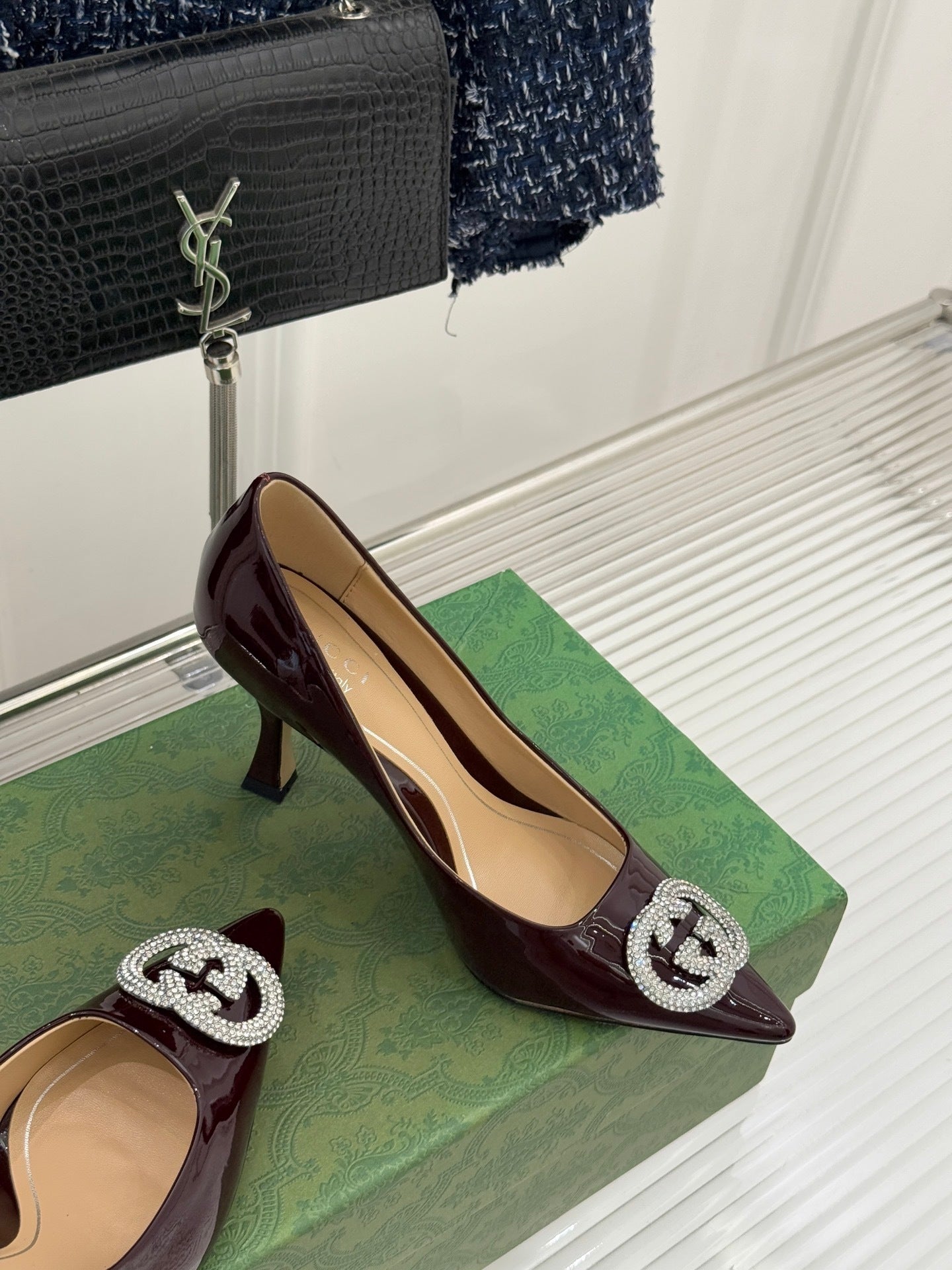 PATENT LEATHER CRYSTAL LOGO POINTED-TOE PUMPS