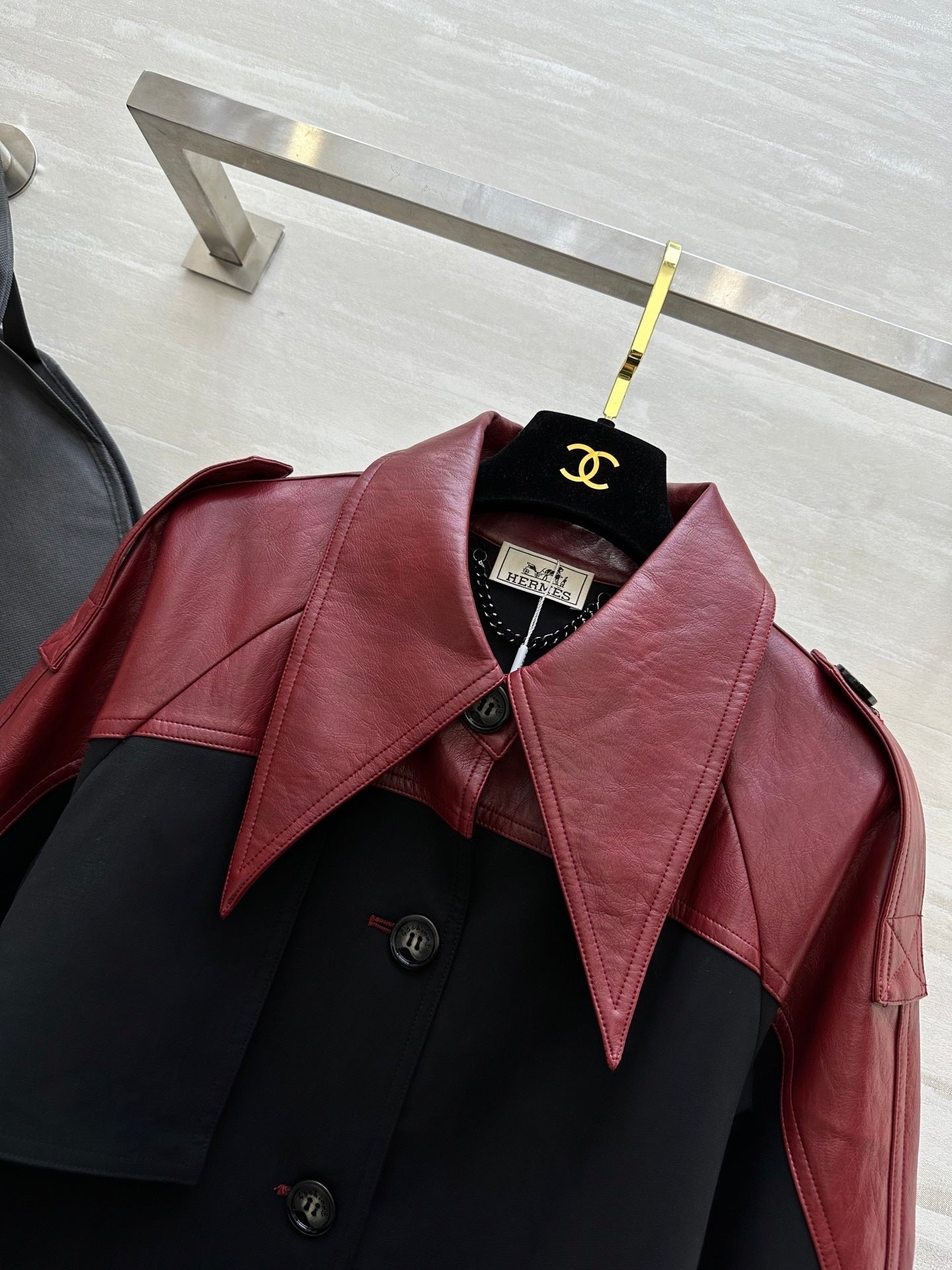 TWO-TONE BELTED LONG COAT WITH LEATHER ACCENTS