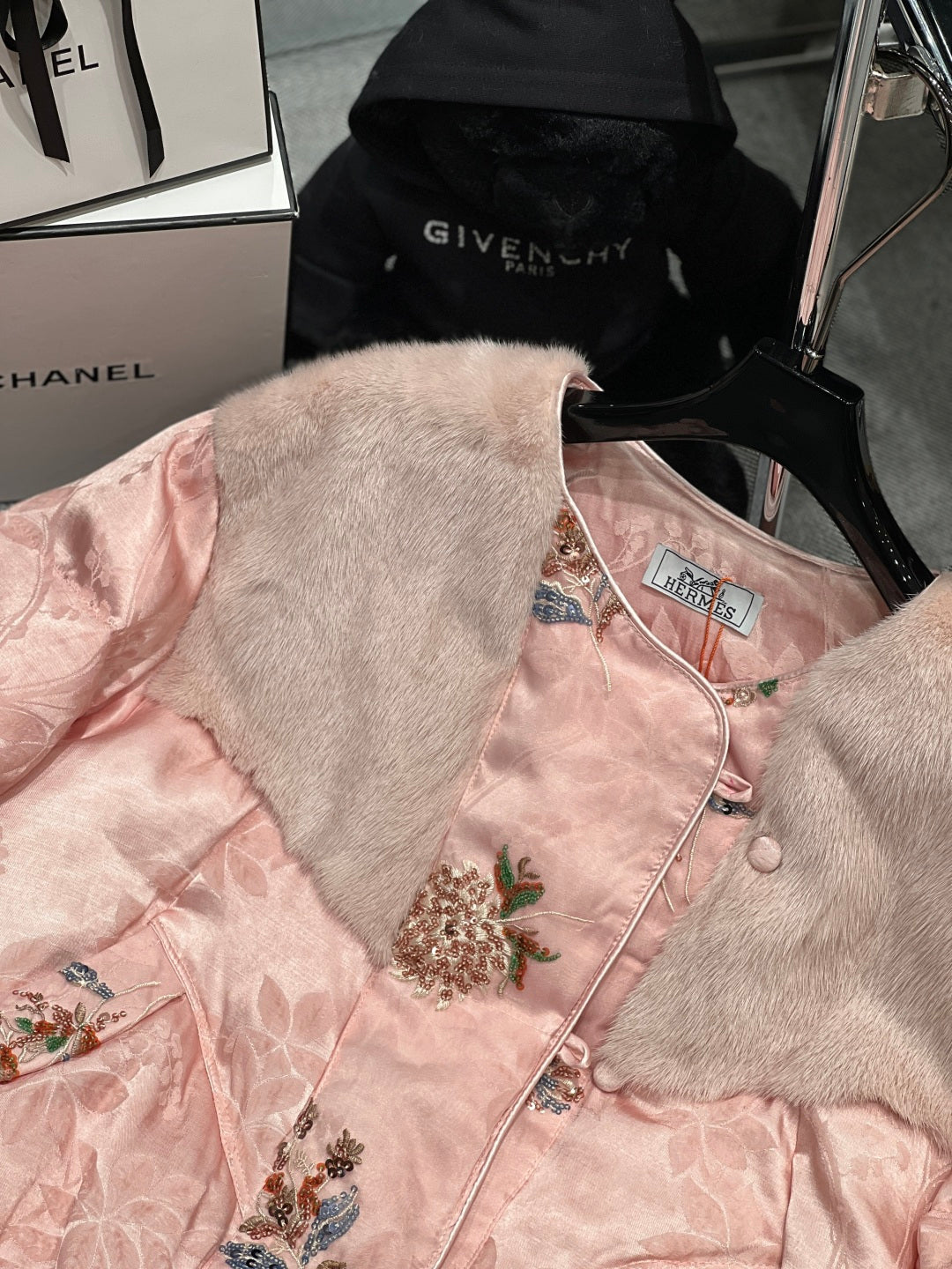 BLUSH PINK EMBROIDERED PUFFER JACKET WITH FUR TRIM