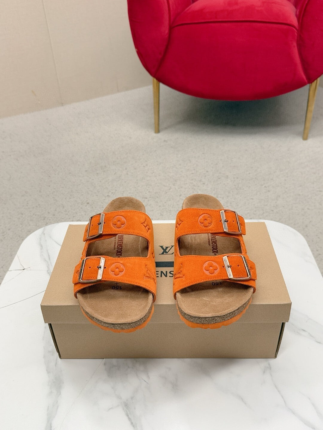 ORANGE DOUBLE-STRAP BUCKLE SLIDE SANDALS