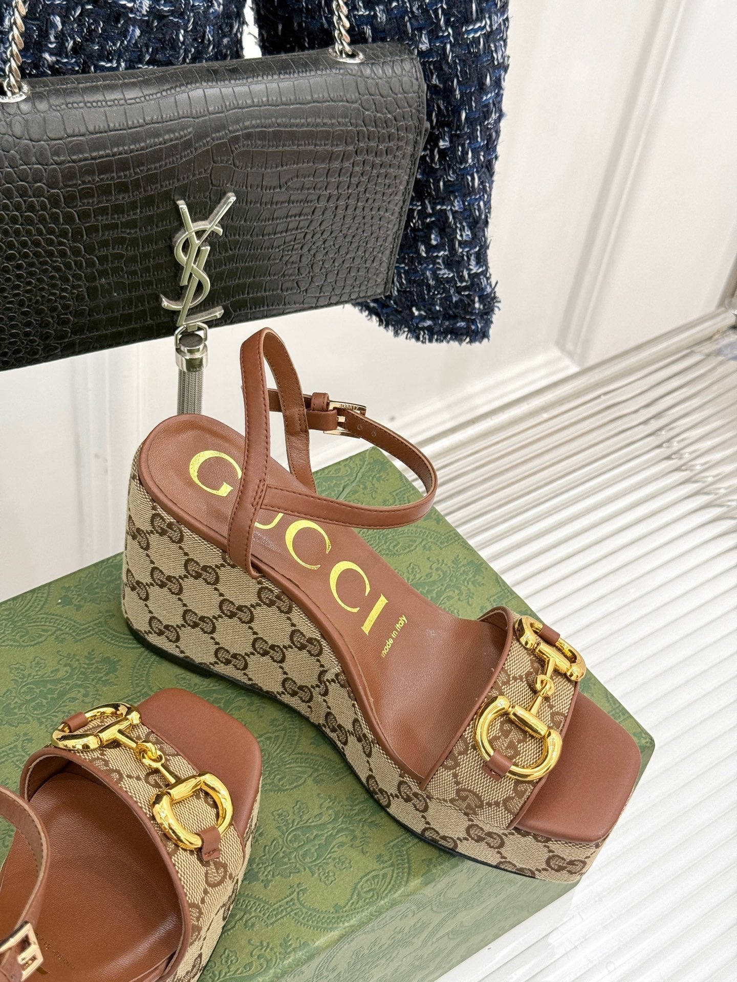 BEIGE MONOGRAM PLATFORM WEDGE SANDALS