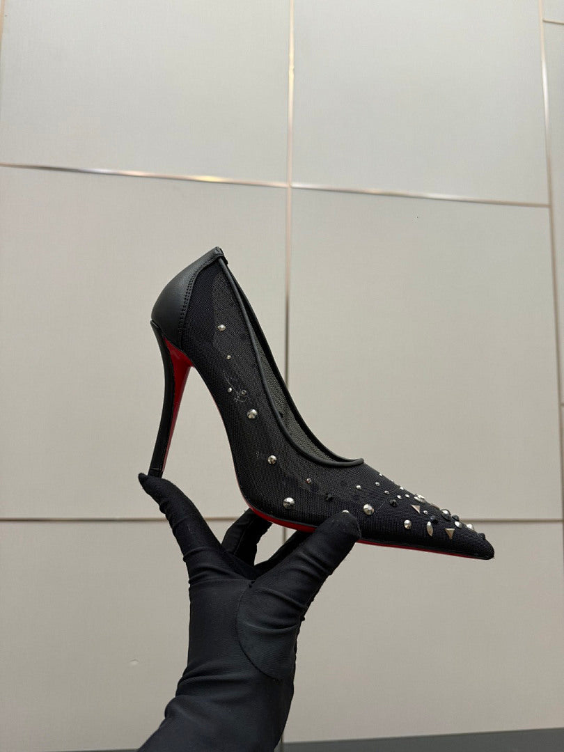 BLACK RHINESTONE MESH PUMPS