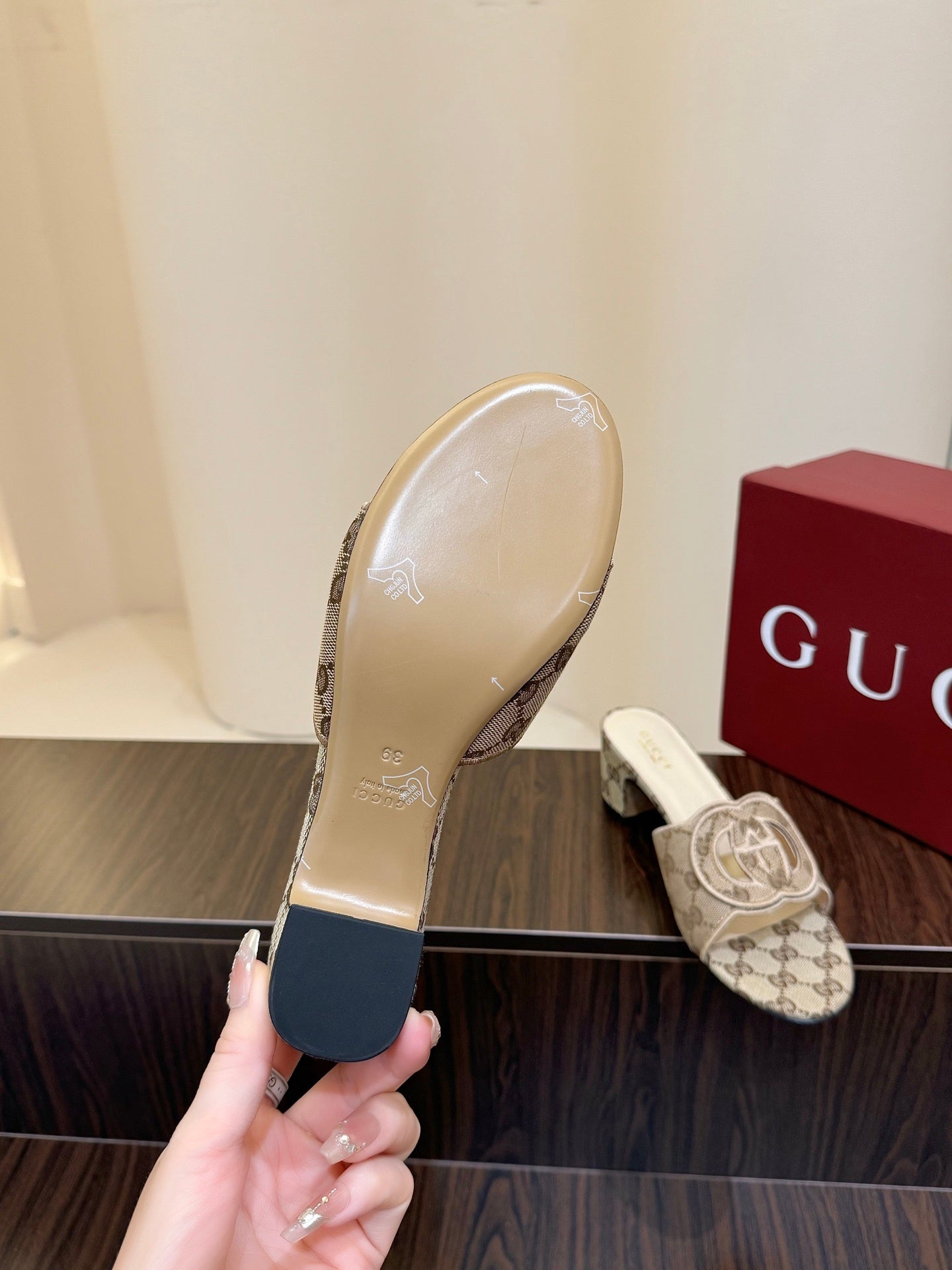 BEIGE MONOGRAM BLOCK HEEL MULES