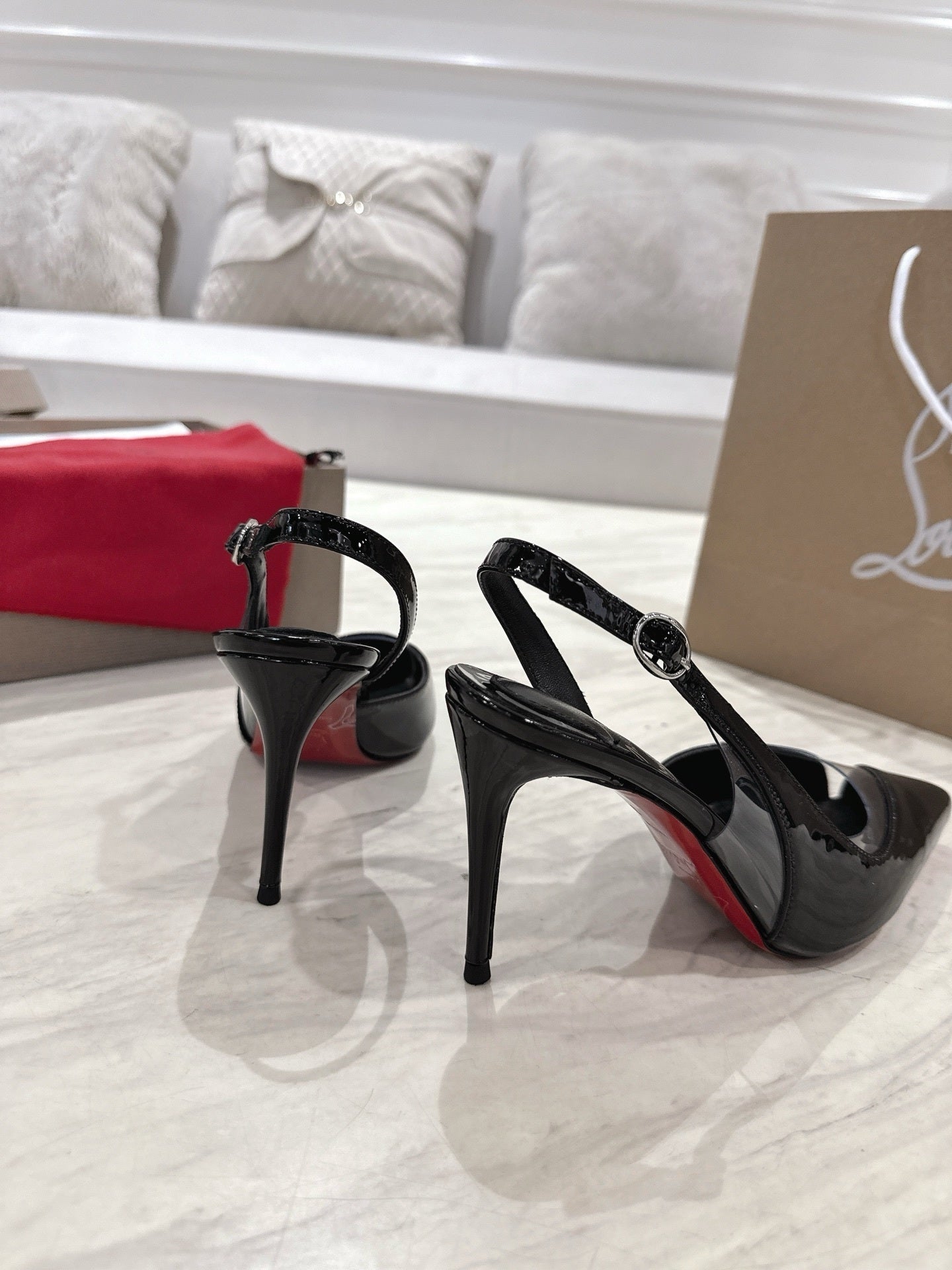 BLACK PATENT SLINGBACK HEELS WITH PVC DETAIL