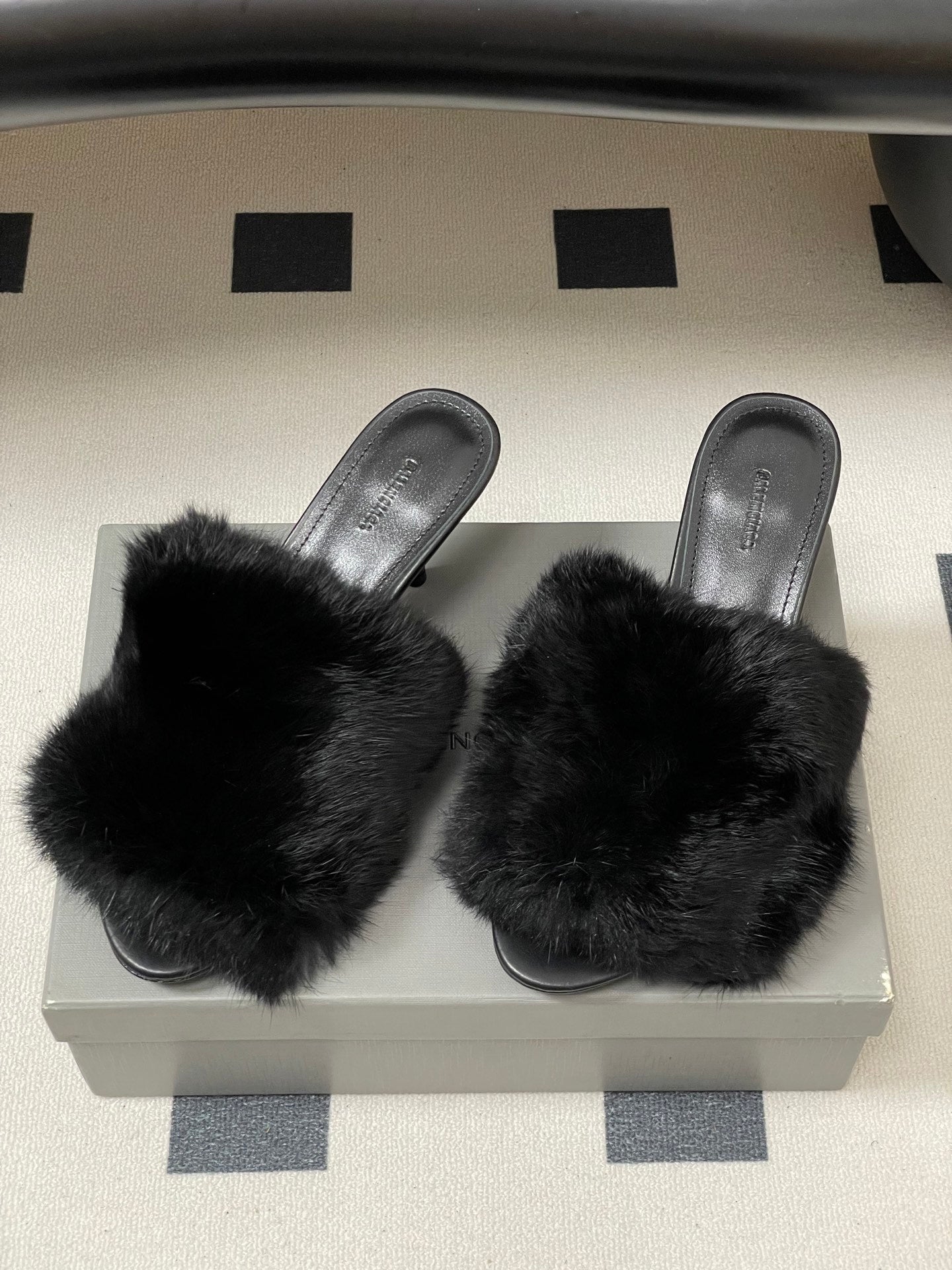 BLACK FUR STRAP MULE HEELS
