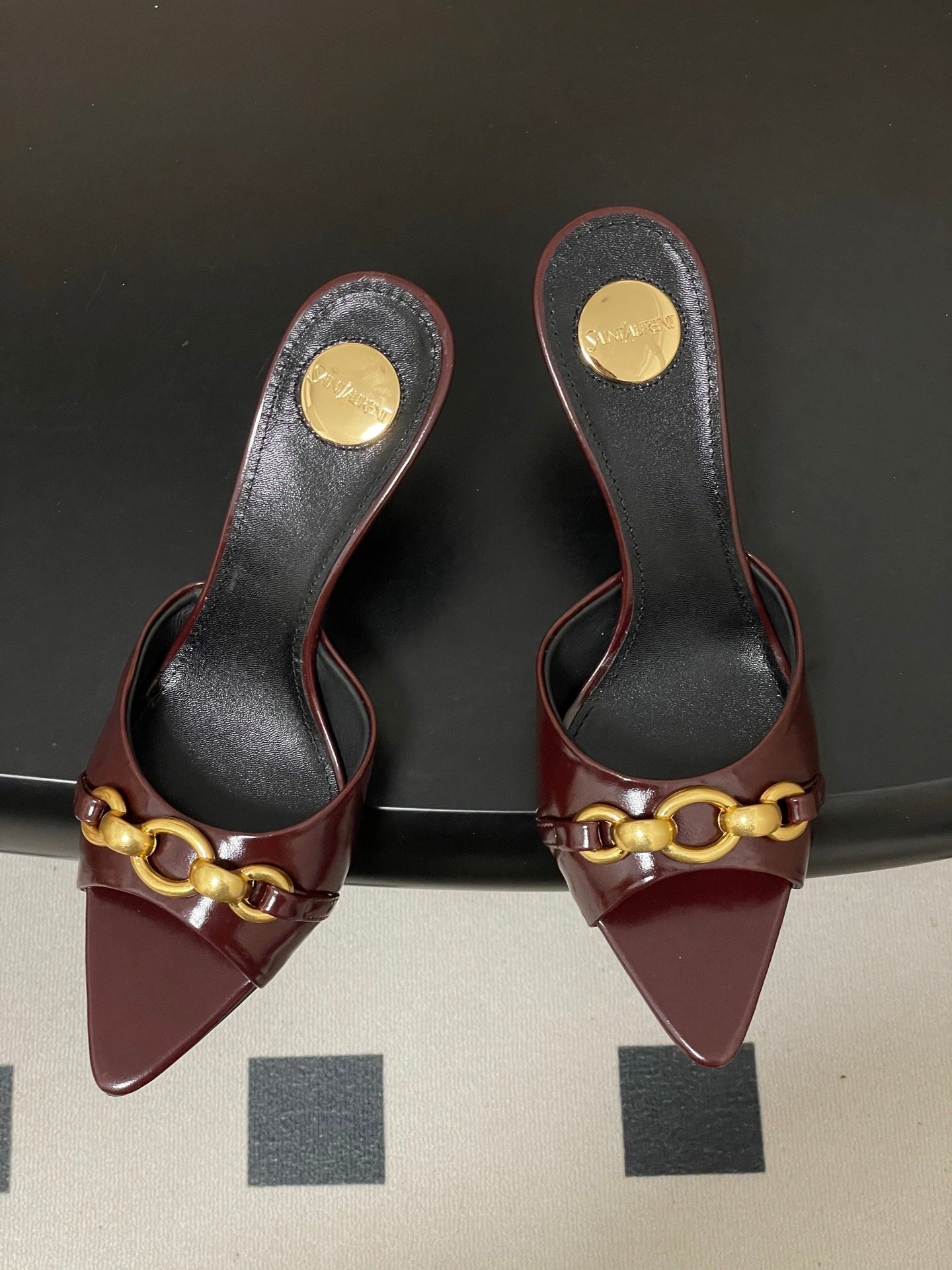 BURGUNDY POINTED TOE MULE HEELS WITH GOLD DETAIL