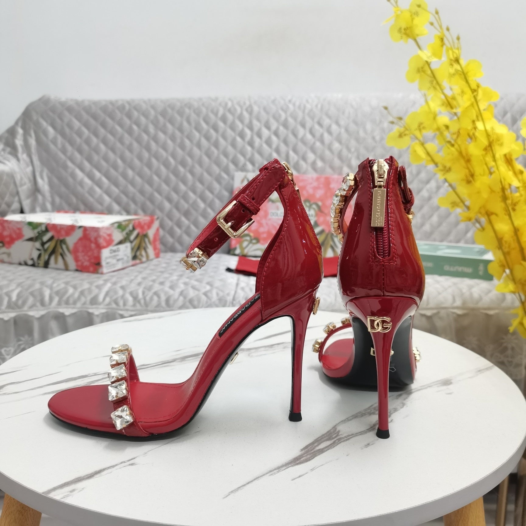RED STRAPPY HEEL SANDALS WITH CRYSTAL EMBELLISHMENTS