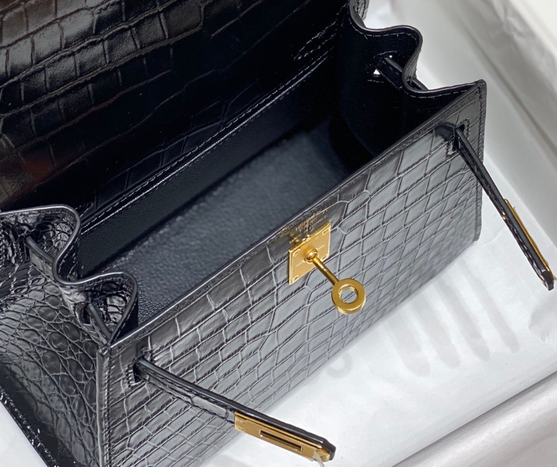 LUXURY BLACK CROCODILE EMBOSSED MINI TOP HANDLE HANDBAG WITH GOLD HARDWARE