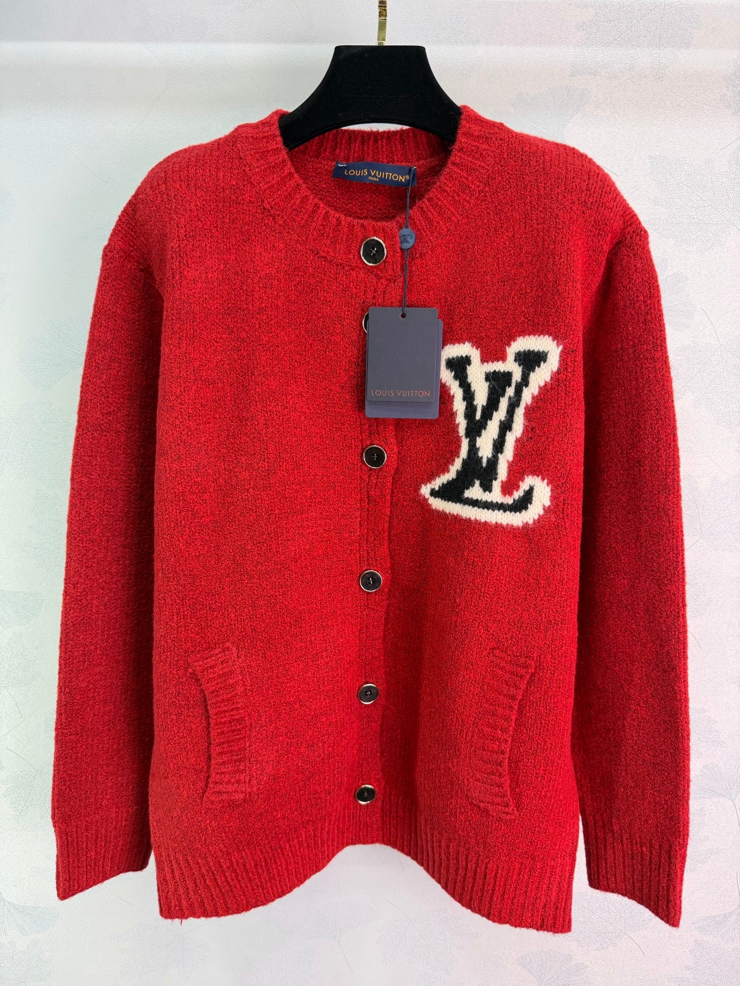 BUTTON-UP KNIT CARDIGAN WITH CONTRAST PATCH DETAIL