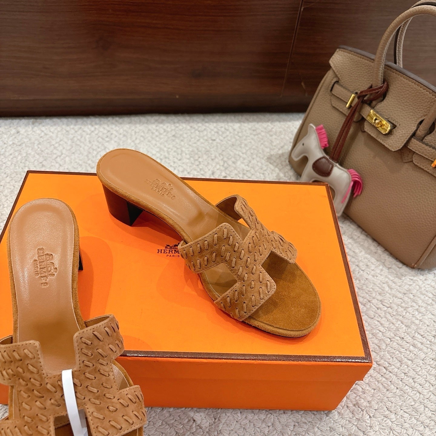 TAN SUEDE HEELED SLIDE SANDALS