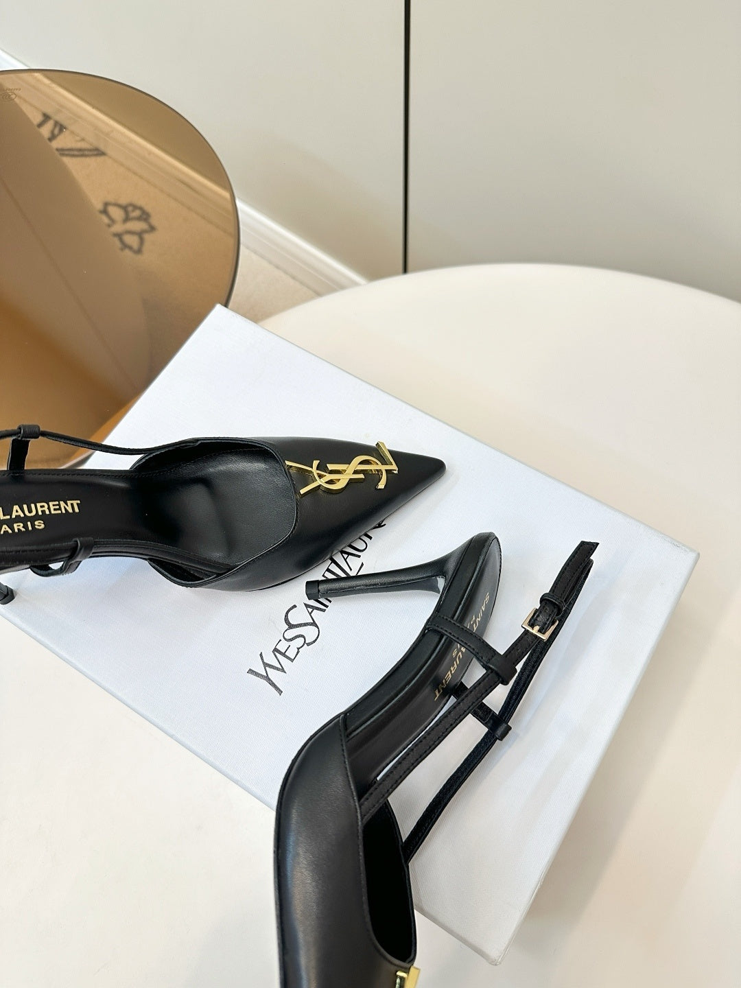 BLACK POINTED TOE SLINGBACK HEELS WITH GOLD DETAIL