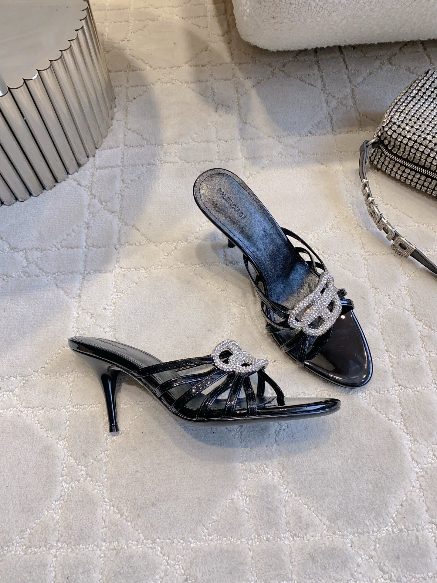 CRYSTAL EMBELLISHED BLACK STRAPPY HEELS
