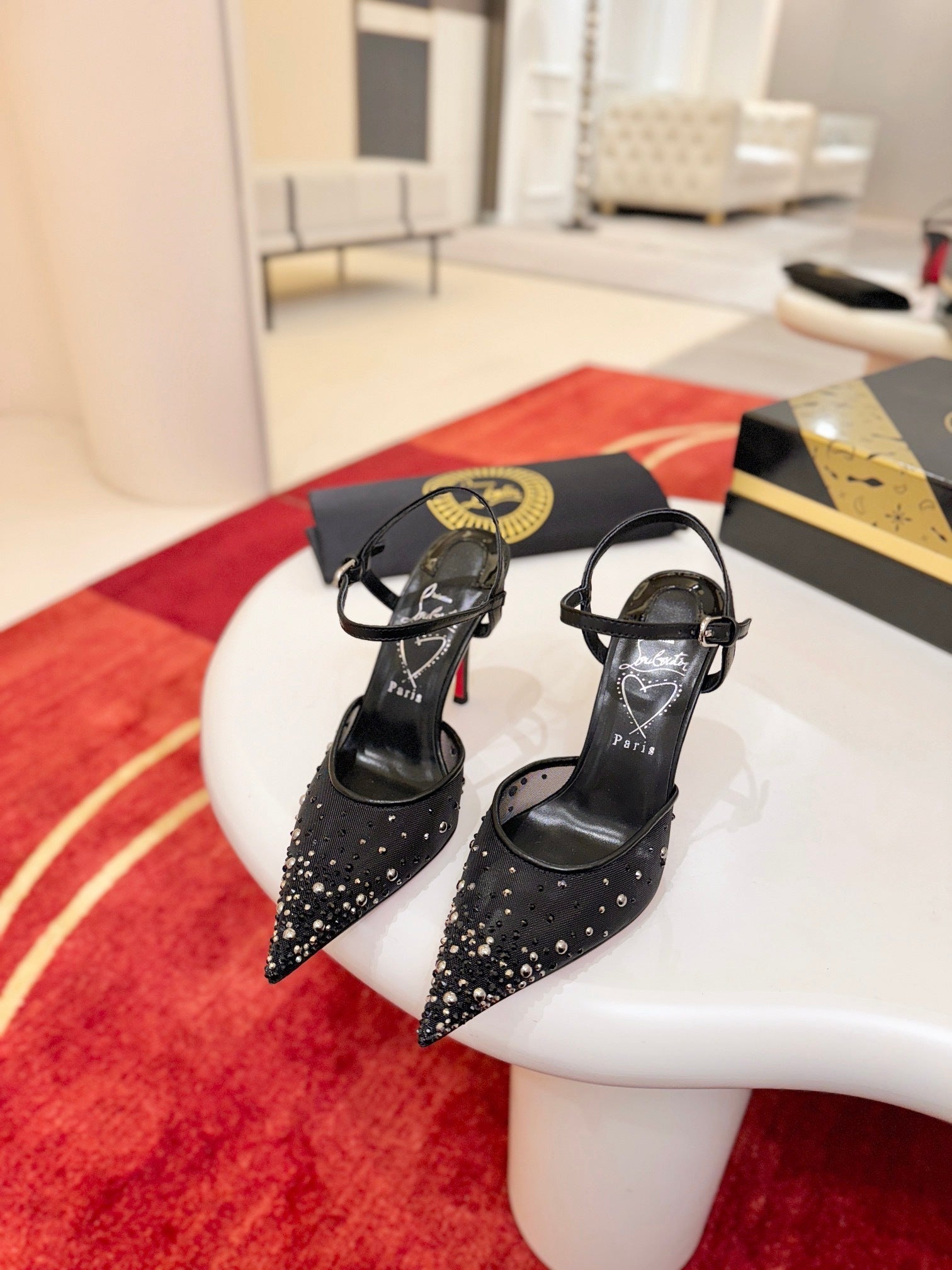 BLACK EMBELLISHED STRAP POINTED HEELS