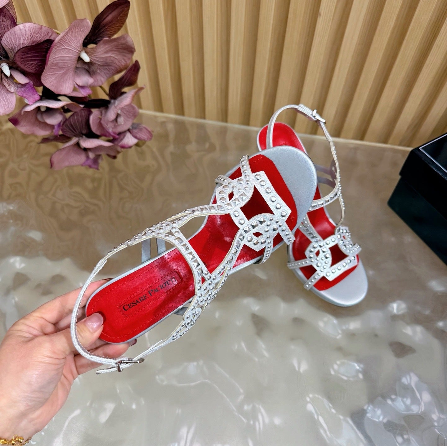 CRYSTAL STUD GLADIATOR STILETTO SANDALS – SILVER EDITION