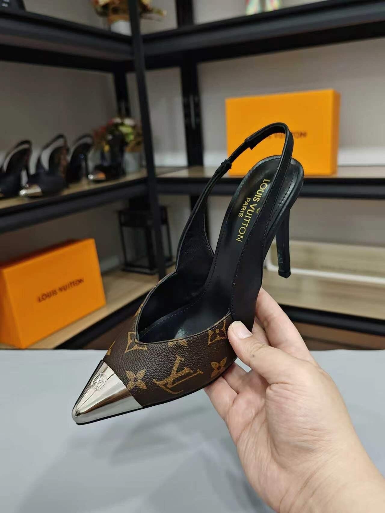MONOGRAM PRINT SLINGBACK HEELS WITH METAL TOE CAP