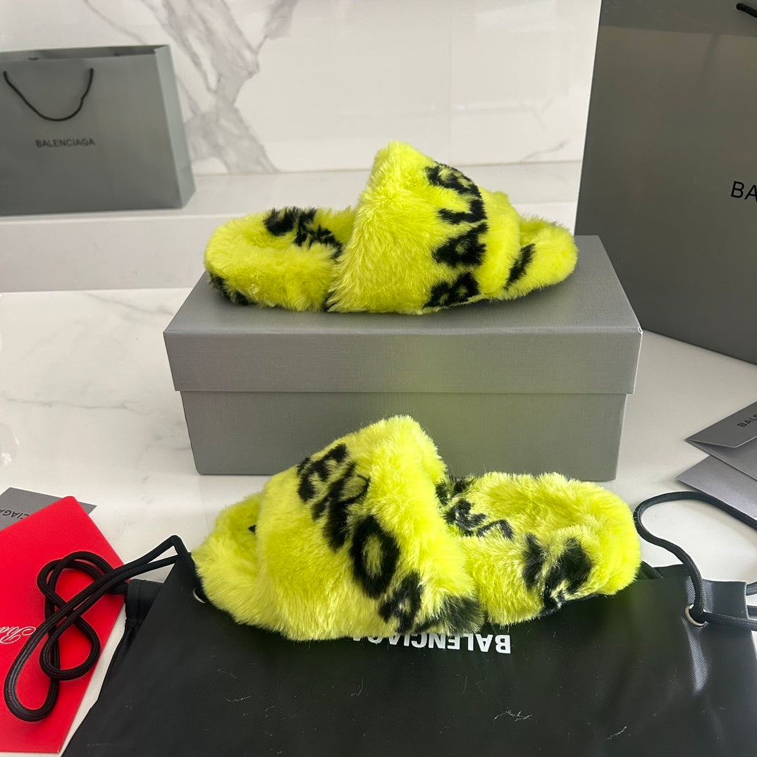 NEON YELLOW FAUX FUR LOGO SLIDE SANDALS