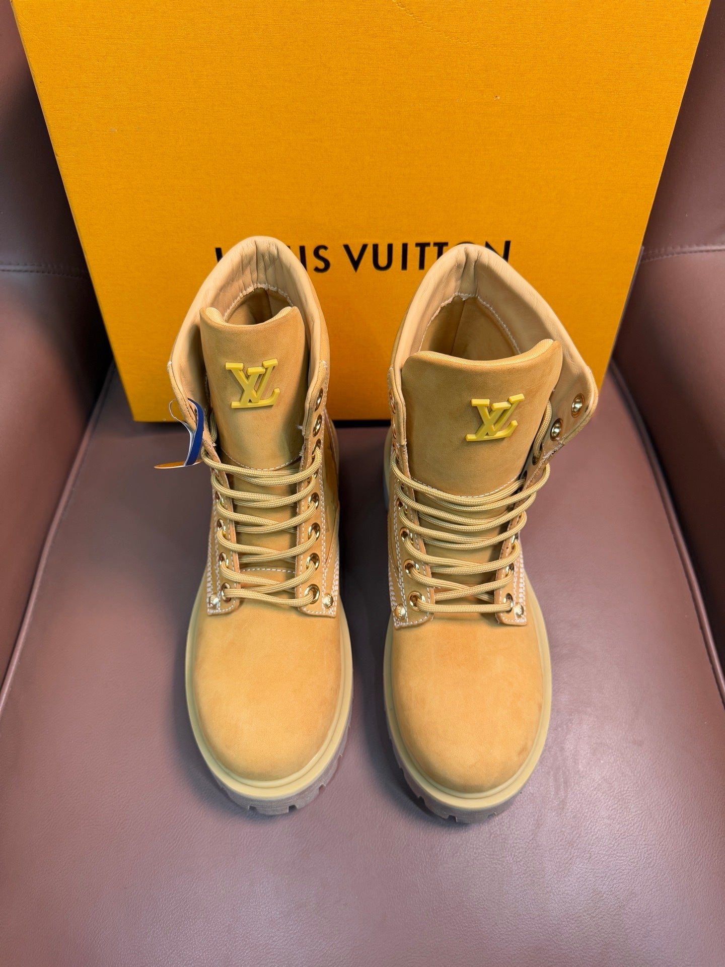 TAN MONOGRAM SUEDE COMBAT BOOTS