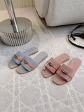 SUEDE STYLE FLAT SLIDES WITH CONTRAST STRAP DETAIL