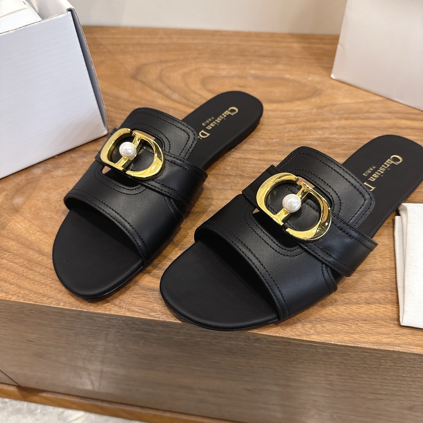 BLACK LEATHER GOLD BUCKLE SLIDE SANDALS