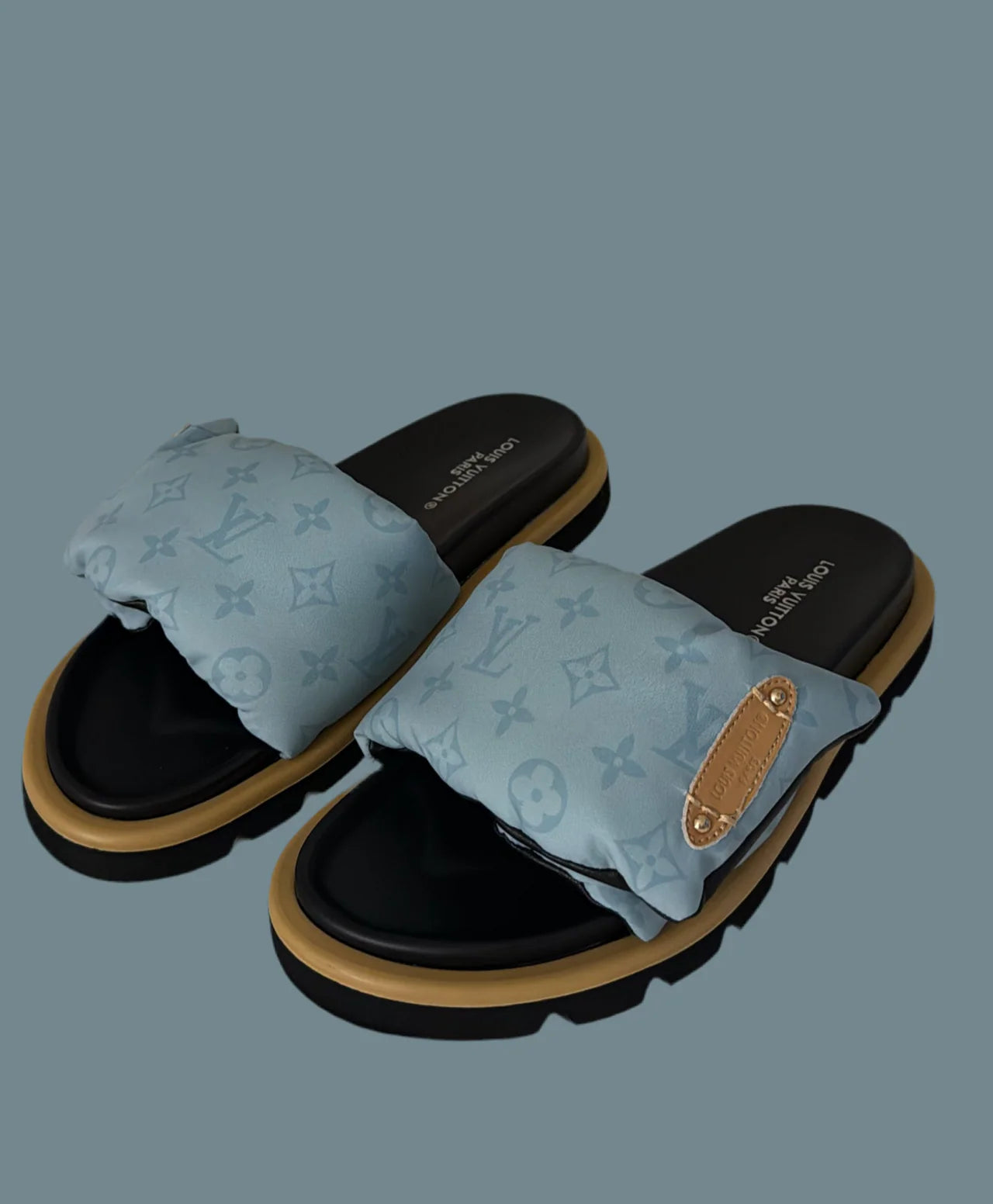 BABY BLUE MONOGRAM PUFFER SLIDE SANDALS