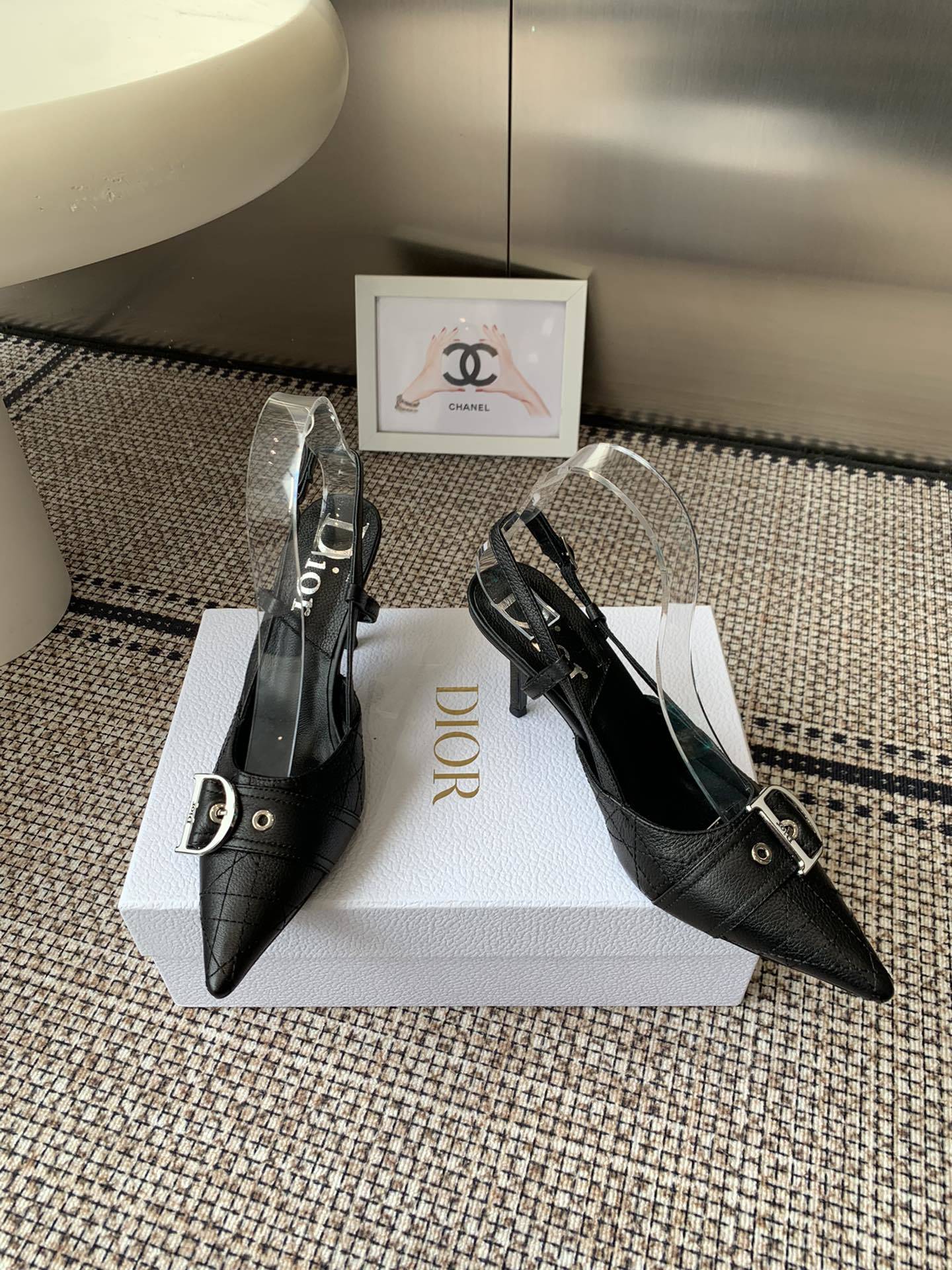 BLACK BUCKLE POINTED SLINGBACK HEELS