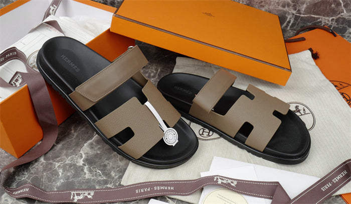 TWO-TONE H-STRAP LEATHER SLIDE SANDALS