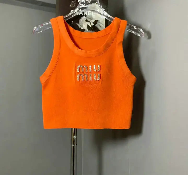 EMBELLISHED LOGO RIBBED CROP TANK