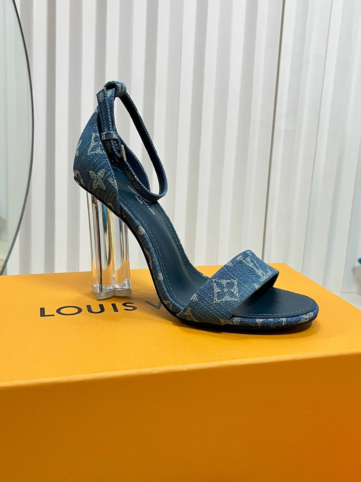 DENIM MONOGRAM CLEAR HEEL SANDALS