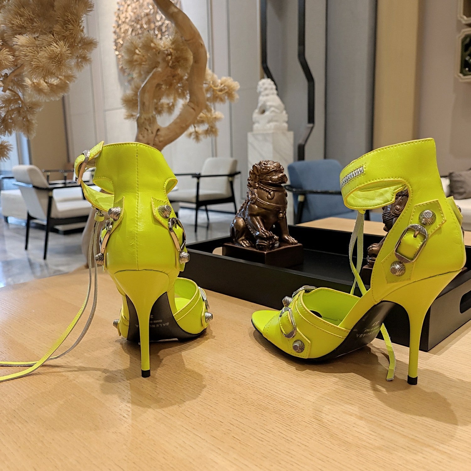 NEON GREEN BUCKLE STRAP HIGH HEEL SANDALS