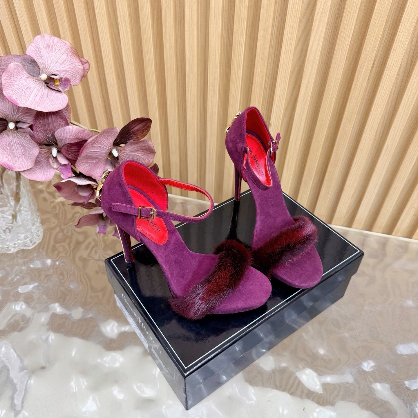 LUXE FUR STILETTO HEELS – PLUM & RED STATEMENT EDITION