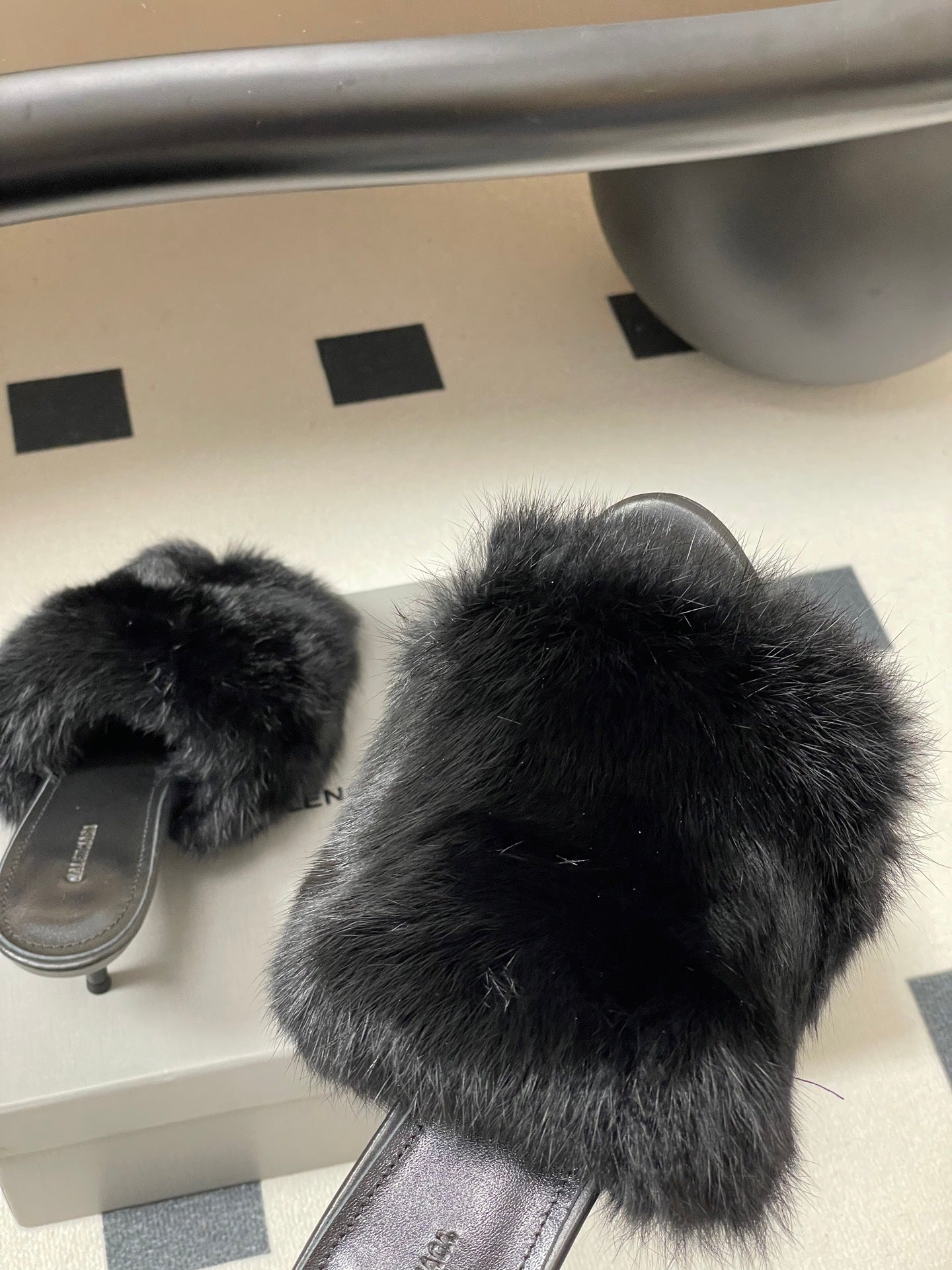 BLACK FUR STRAP MULE HEELS
