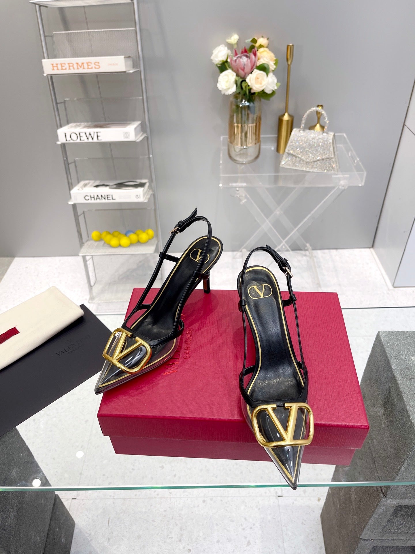 CLEAR SLINGBACK HEELS – CLASSIC BLACK WITH GOLD LOGO DETAIL