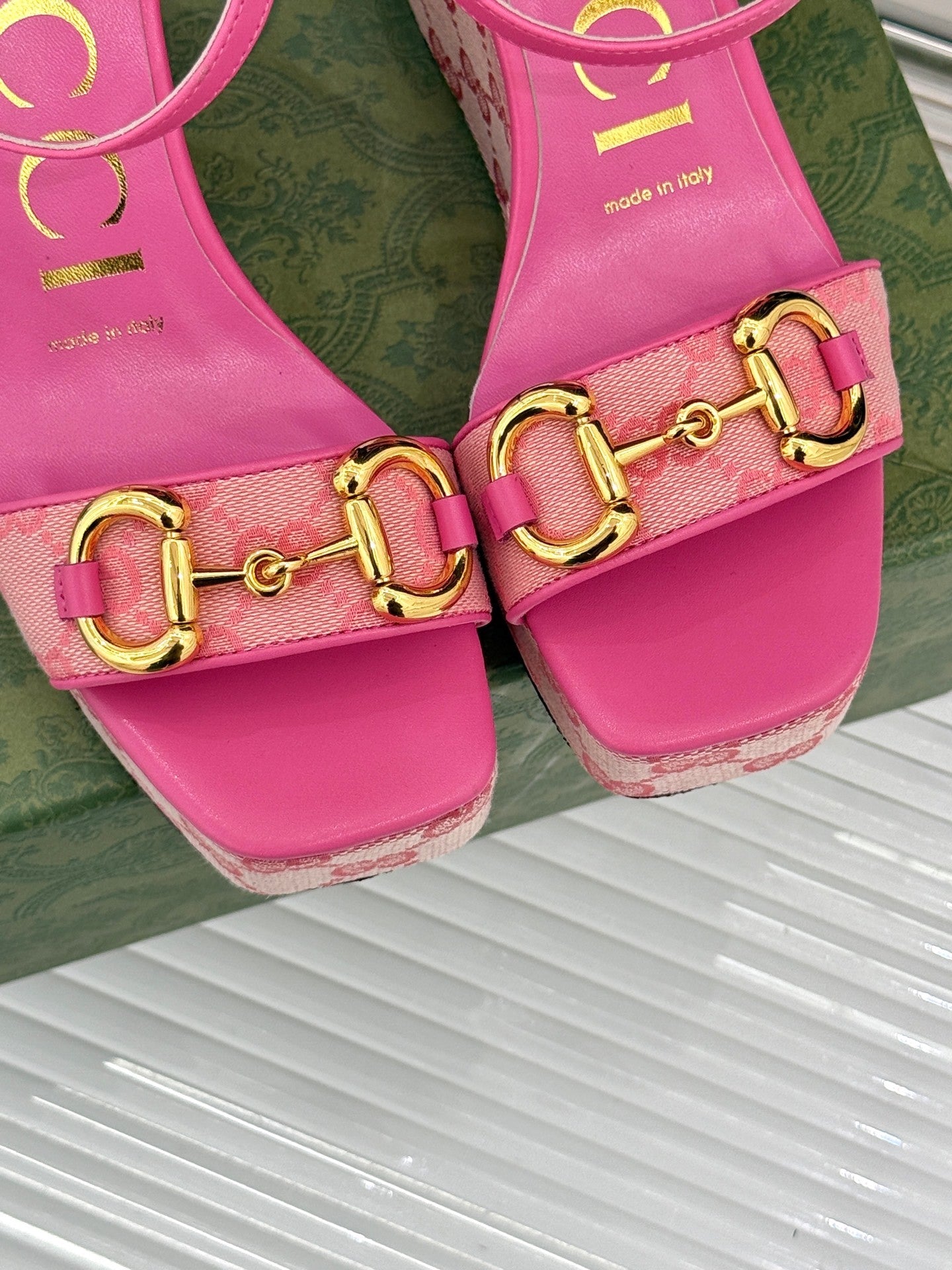 PINK MONOGRAM PLATFORM WEDGE SANDALS
