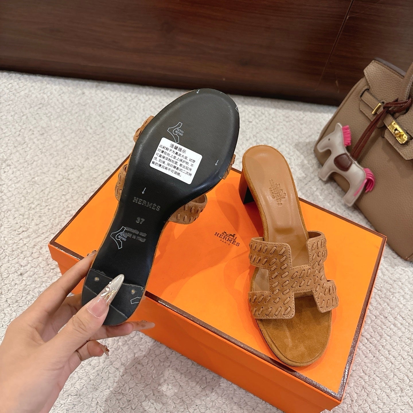 TAN SUEDE HEELED SLIDE SANDALS