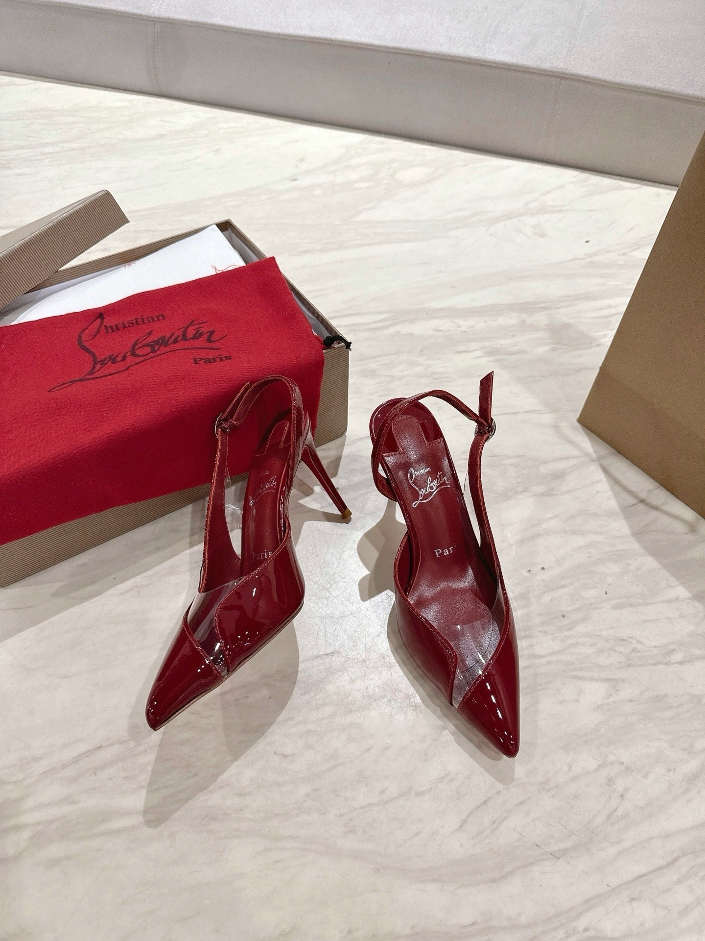 RED PATENT SLINGBACK HEELS WITH PVC DETAIL