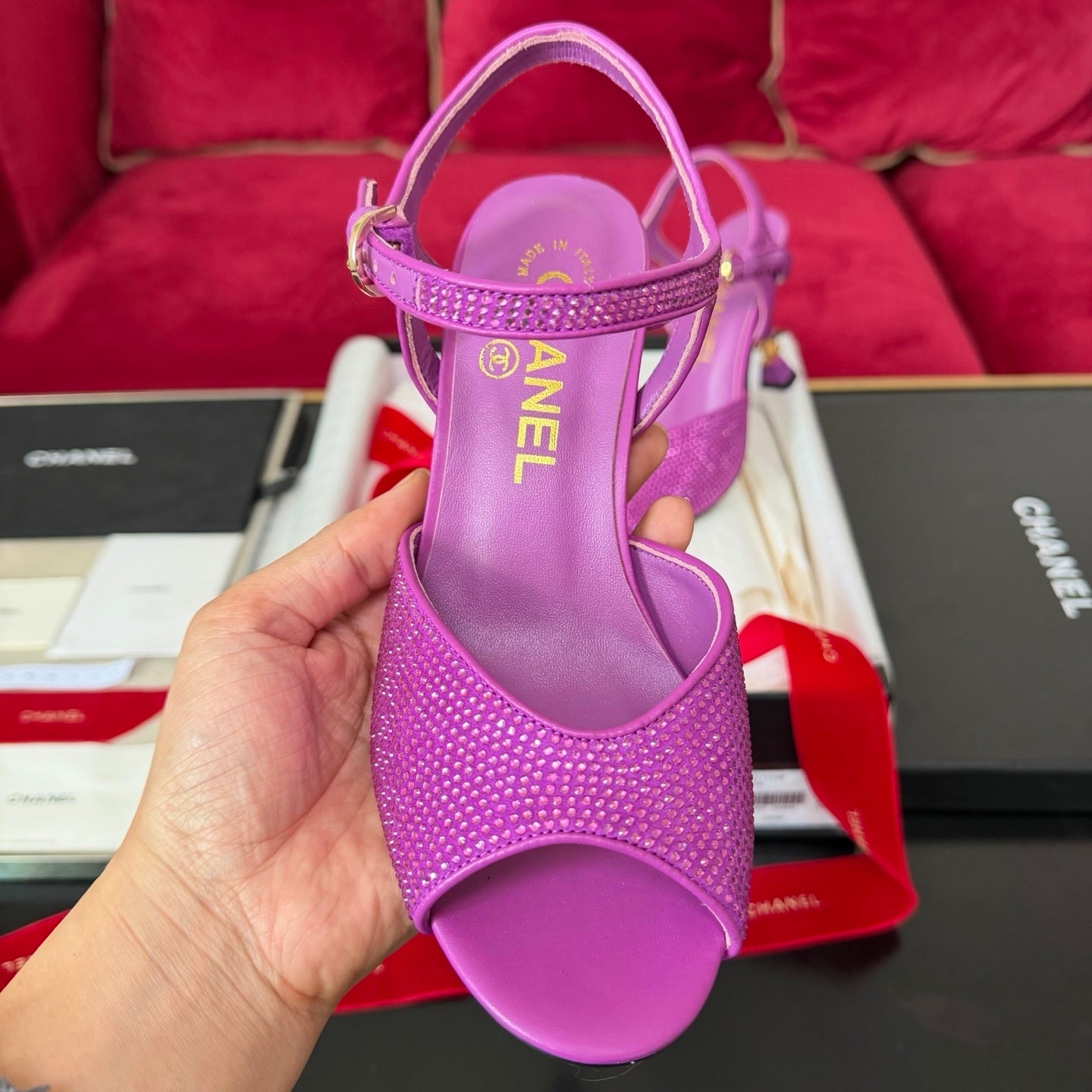 CRYSTAL EMBELLISHED ANKLE STRAP HEELS