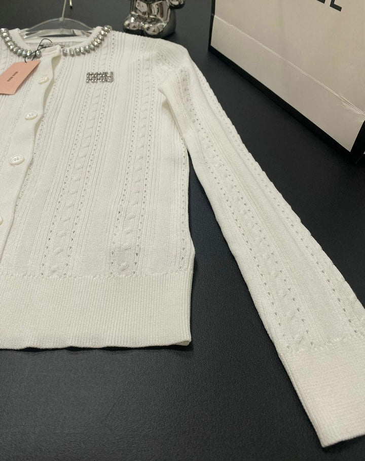 JEWELED COLLAR KNIT CARDIGAN