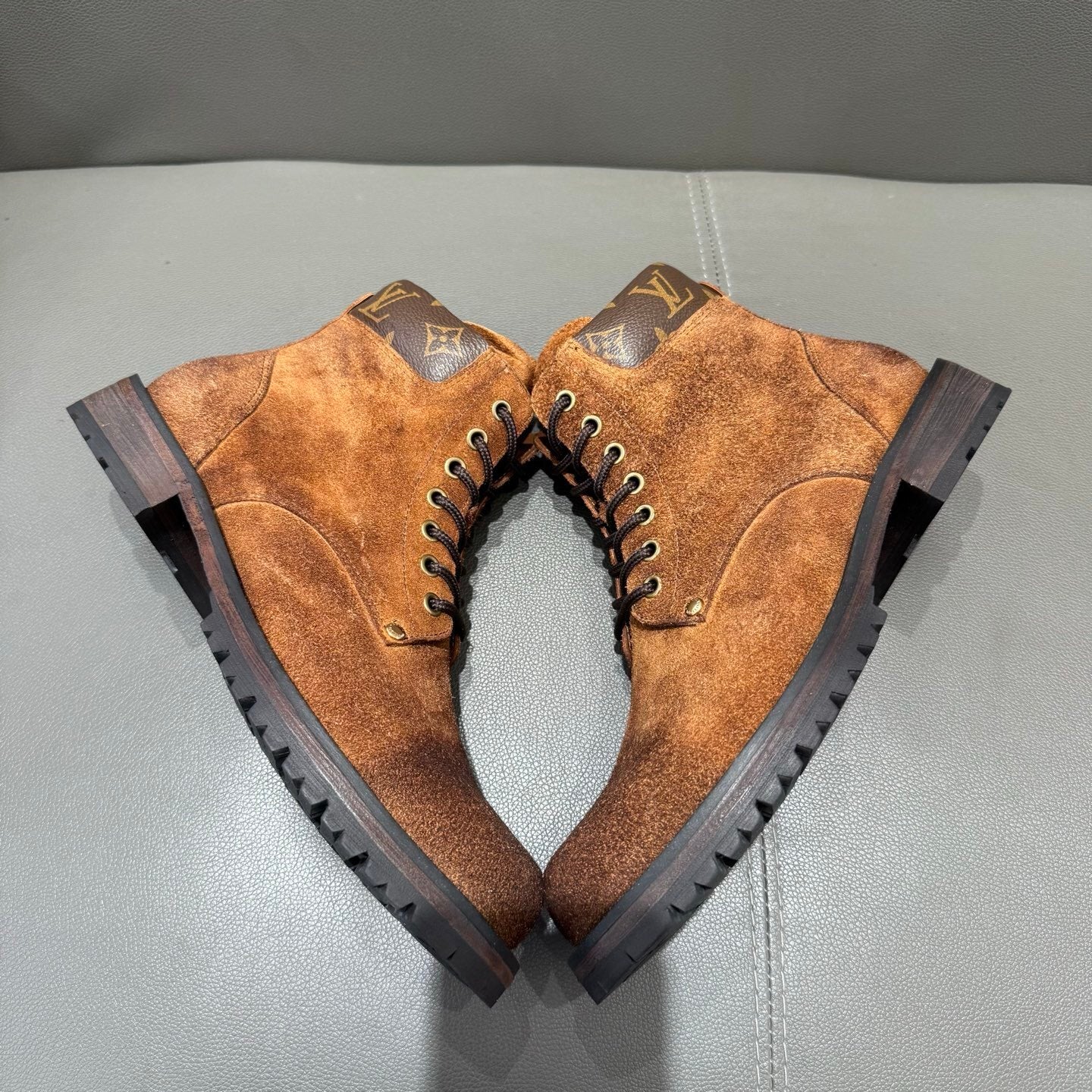 BROWN SUEDE MONOGRAM LACE-UP BOOTS