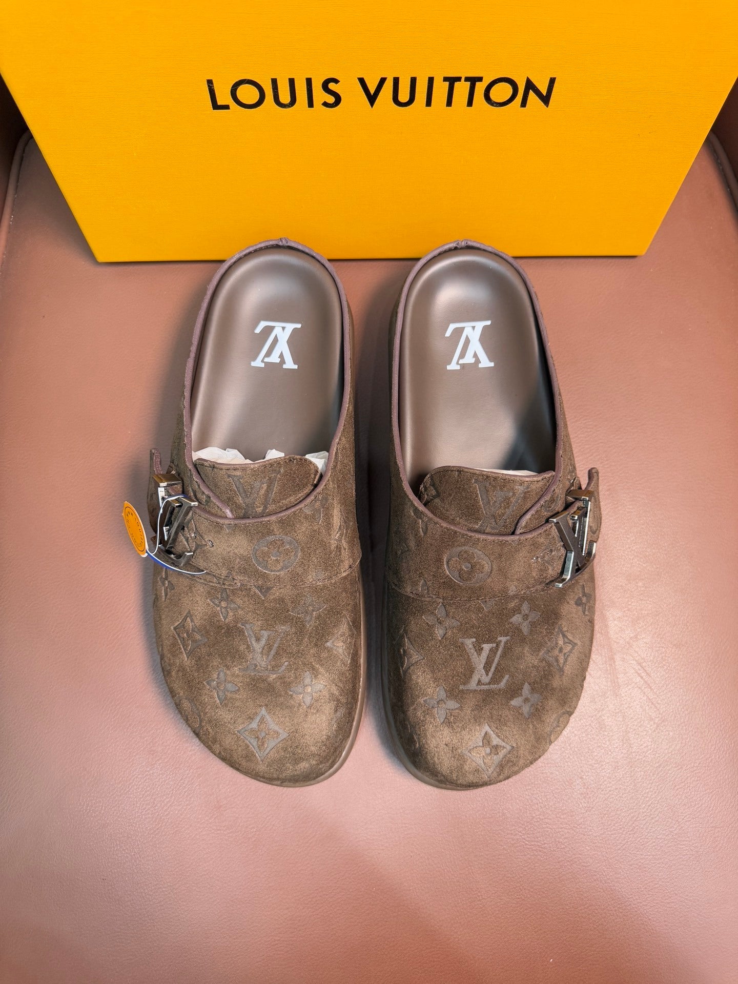 BROWN EMBOSSED SUEDE SLIDE CLOGS