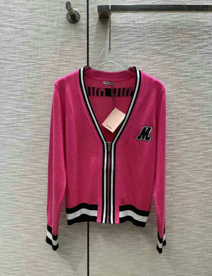 ZIP-UP CONTRAST KNIT CARDIGAN