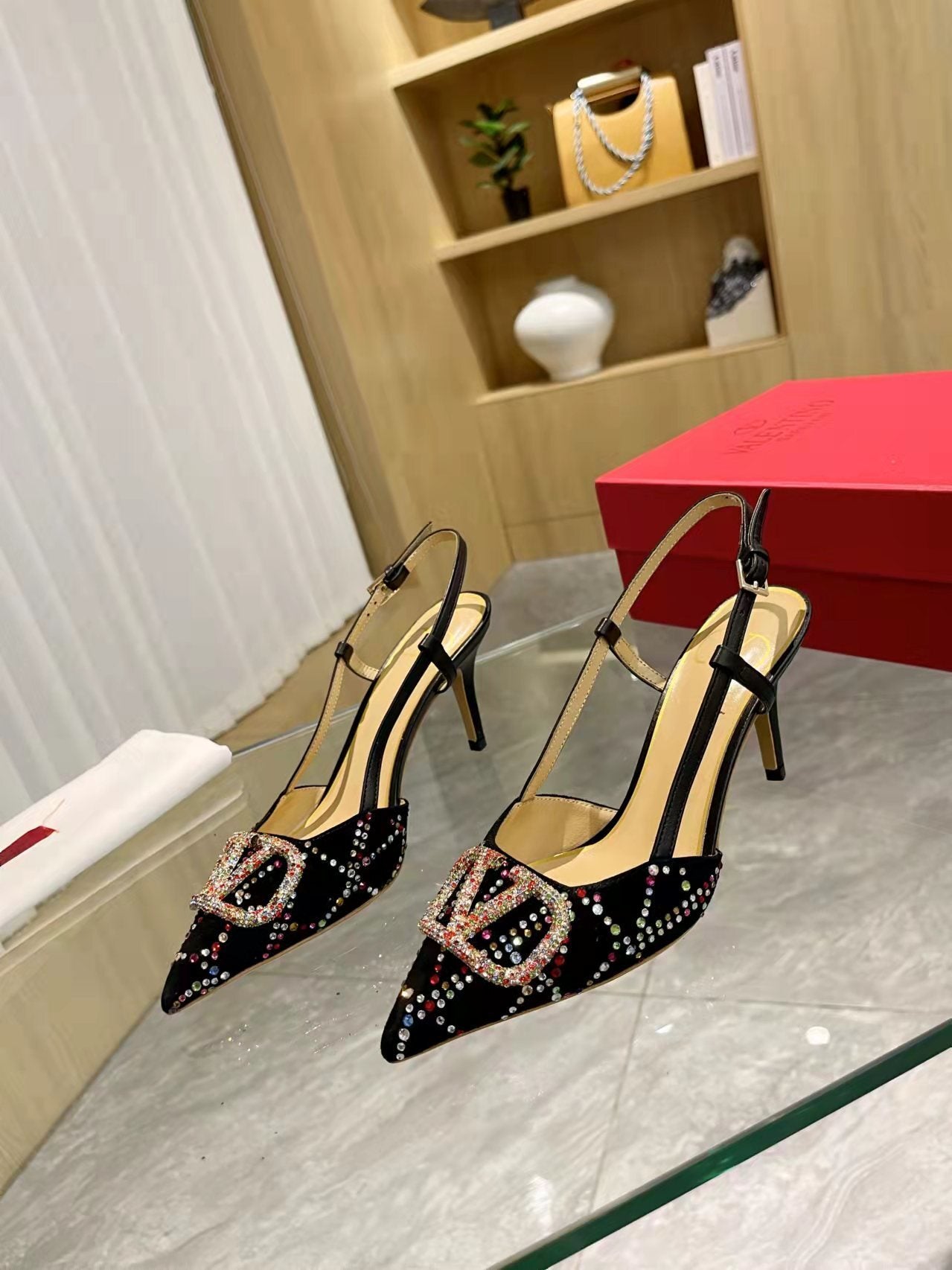 GLAM CRYSTAL EMBELLISHED SLINGBACK HEELS WITH SIGNATURE BUCKLE