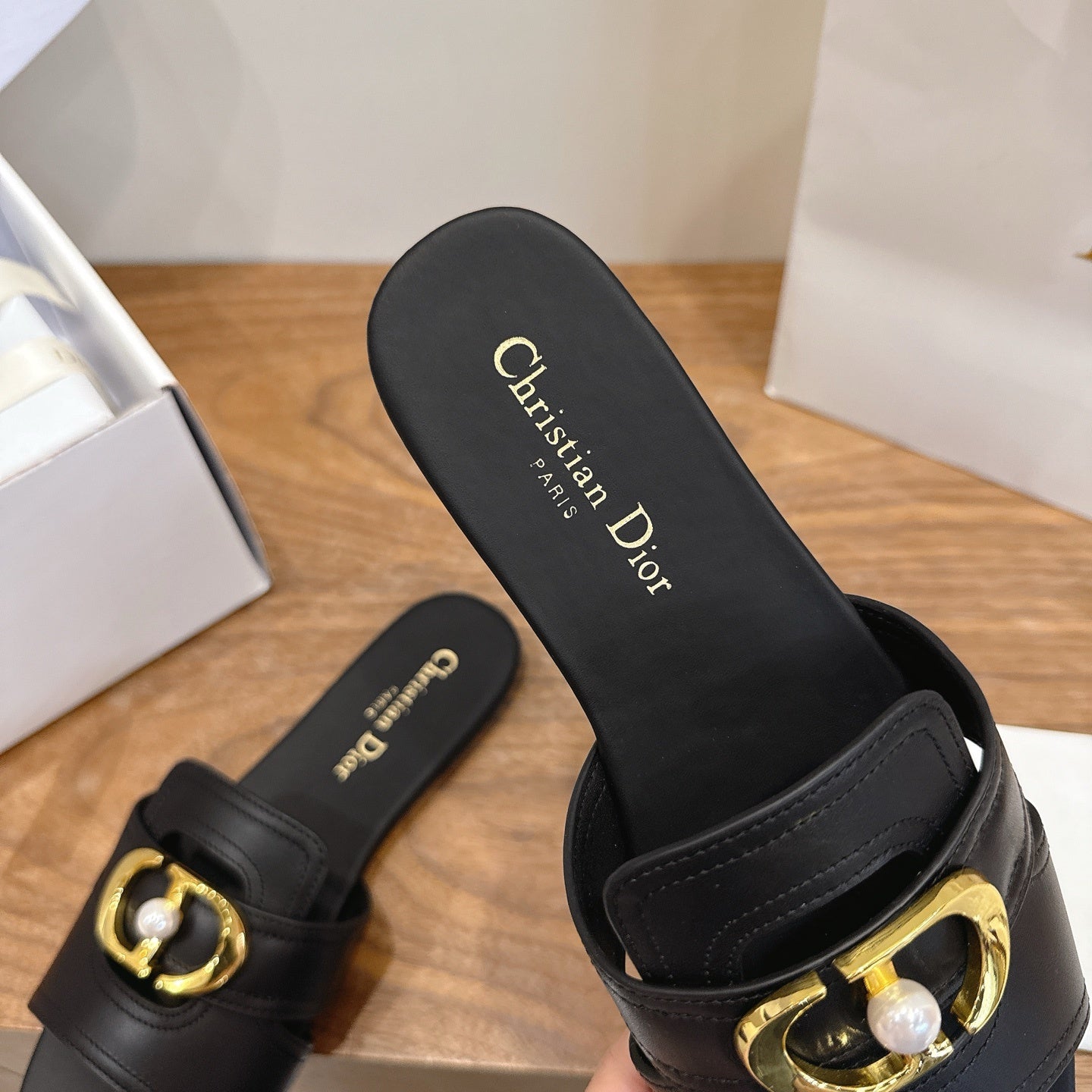 BLACK LEATHER GOLD BUCKLE SLIDE SANDALS