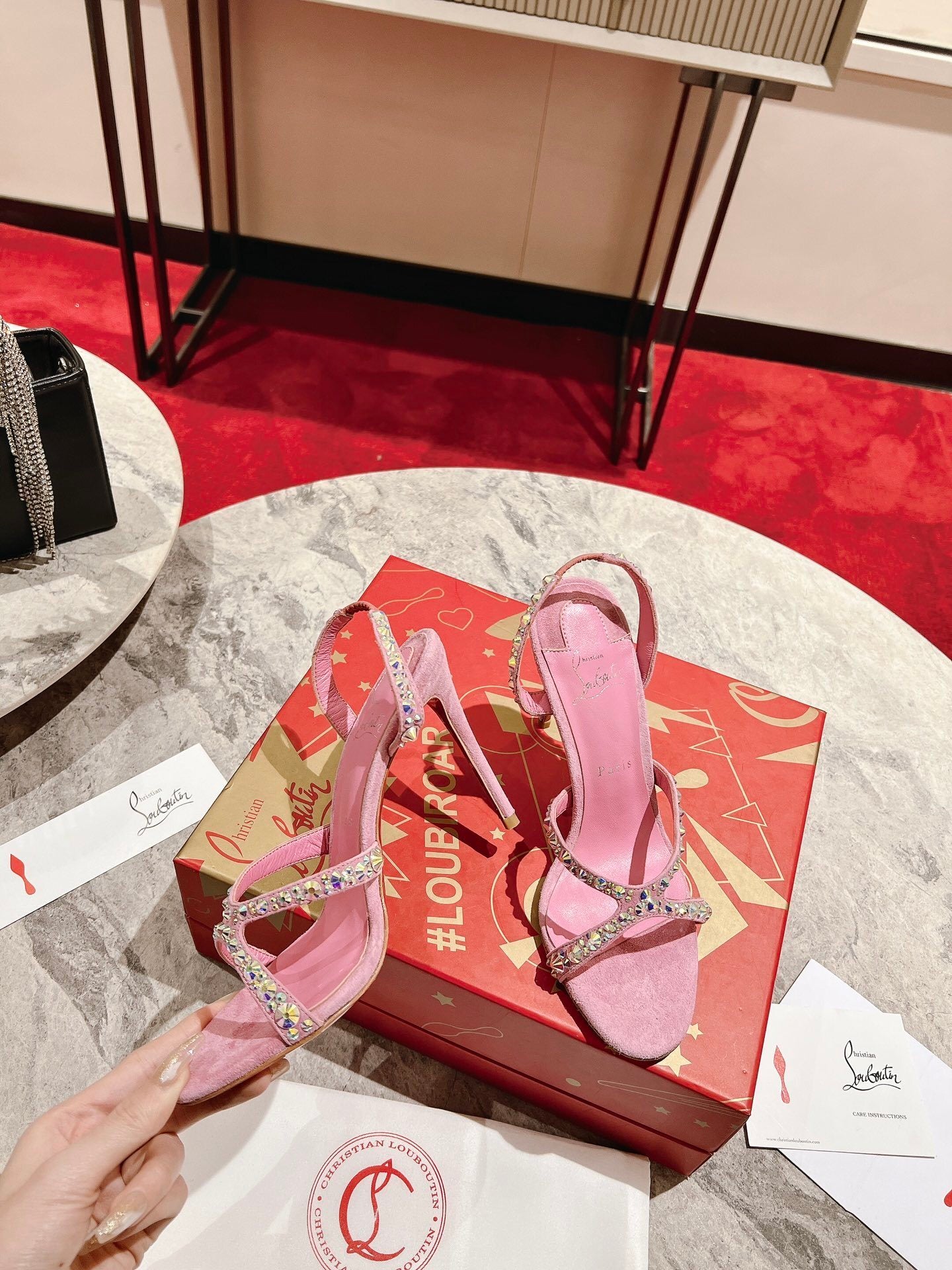 PINK SUEDE RHINESTONE-STRAP SANDAL HEELS