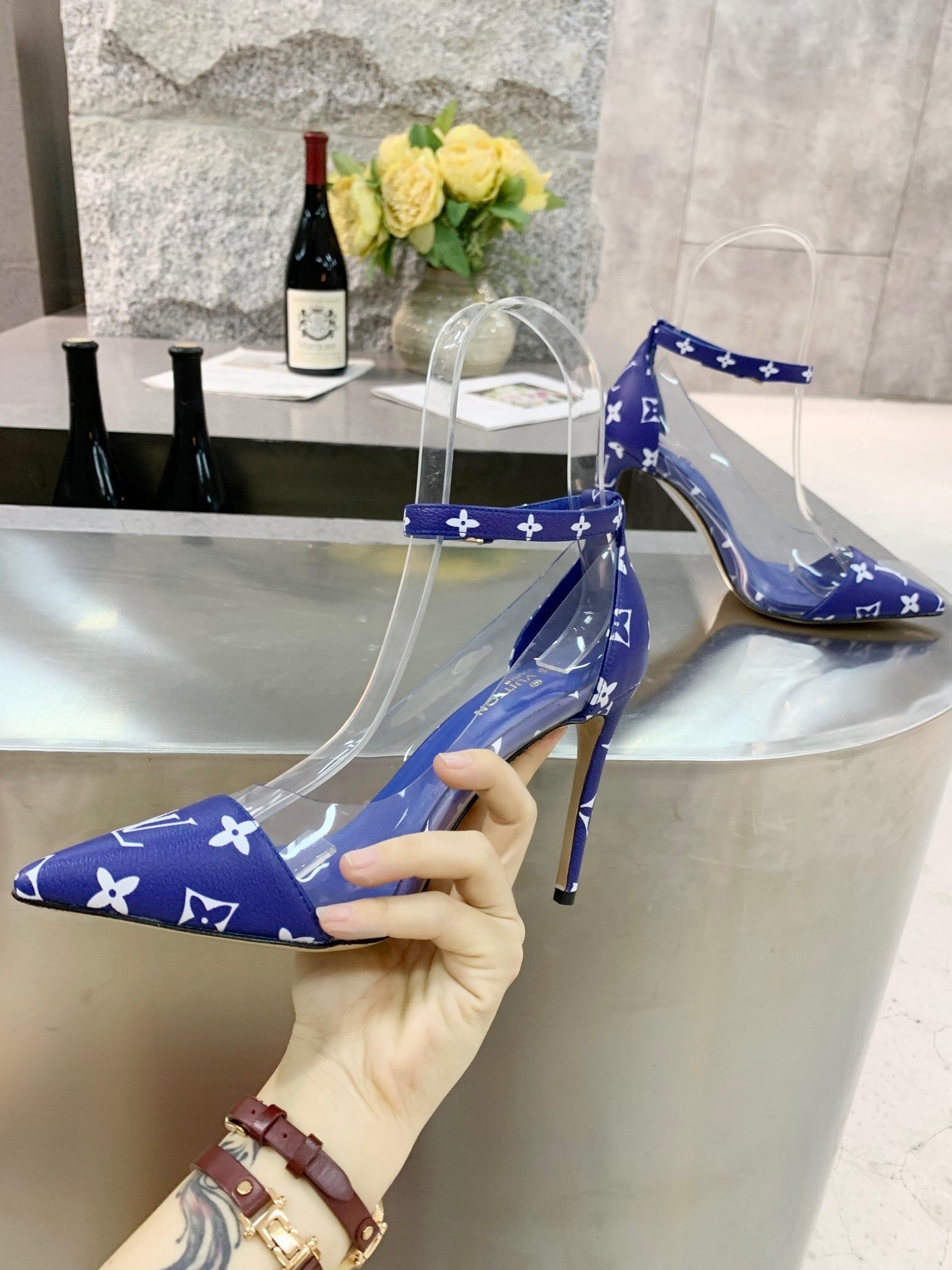 CLEAR PANEL MONOGRAM STILETTO HEELS
