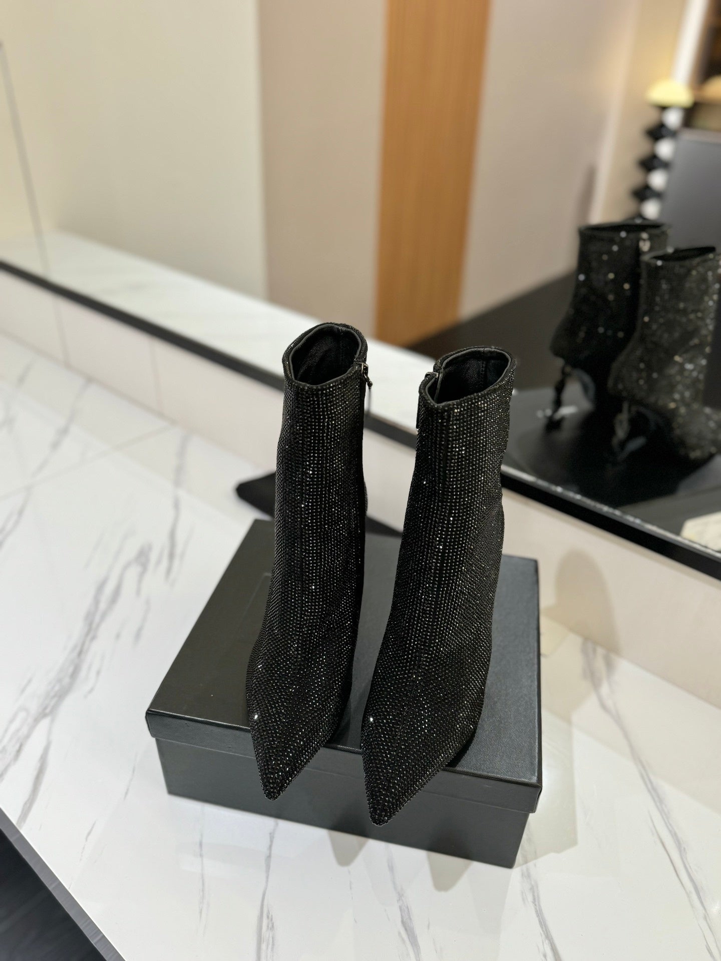 BLACK CRYSTAL HEEL BOOTS